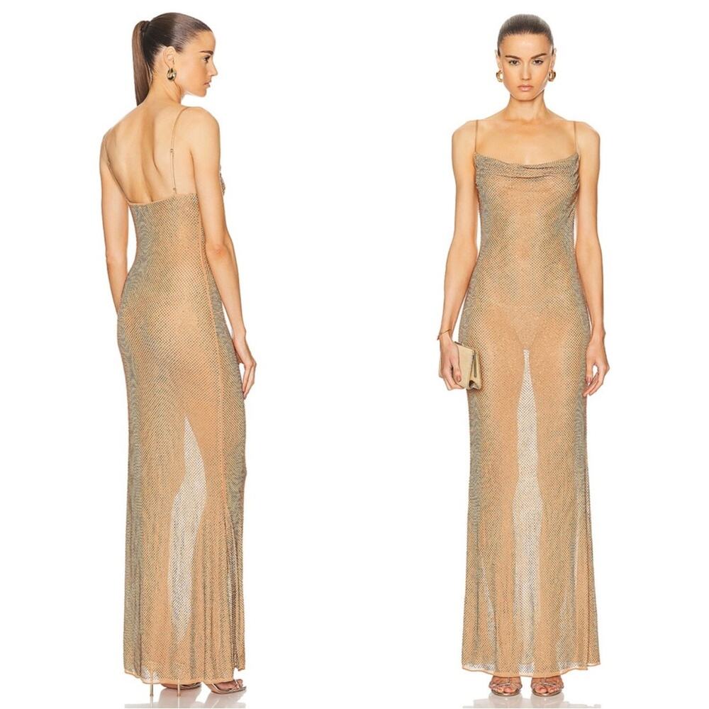 RETROFETE Shilo Crystal Embellished Silk Sheer Cowl Neck Gold Maxi Dress Sz M